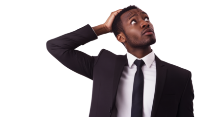 Confused businessman in formal attire indoor office setting portrait image professional environment reflective concept