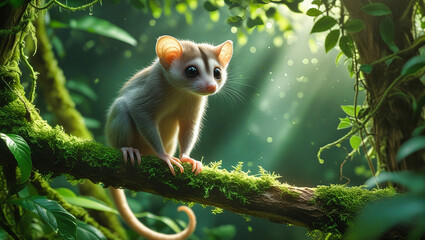 Fototapeta premium Baby Slender loris in Lush Tropical Forest