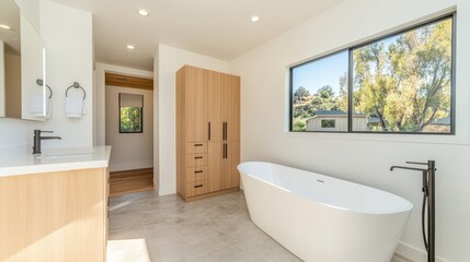 Modern bathroom design with light wood cabinetry and a freestanding tub.