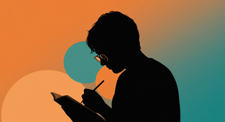 Silhouette of a person with glasses writing in a book with abstract background
