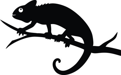 Fototapeta premium Silhouette of a chameleon perches on a branch with a curled tail, simple design
