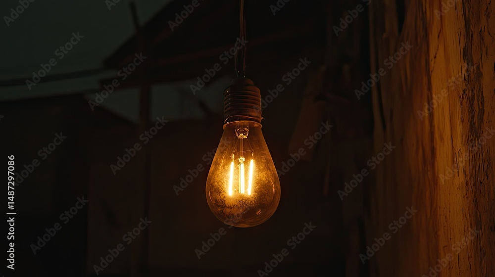 Poster a single hanging lightbulb illuminating a dark and rustic space