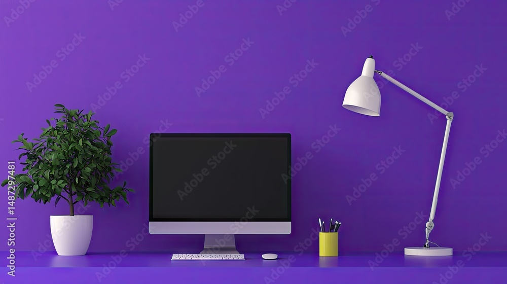 Poster minimalist home office setting features a computer and desk lamp