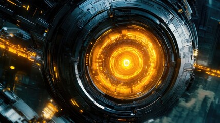 Futuristic metallic sphere with glowing orange core