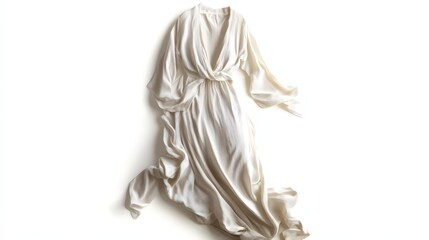 Elegant off-white dress with long flowing sleeves, photographed against white background