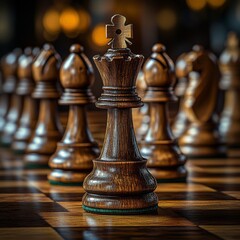 A Captivating Chess King: Strategic Game of Minds with Antique Wooden Chess Pieces and Elegant Design in a Warm, Bokeh-Lit Setting.