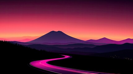 Naklejka premium A vibrant road curves toward mountains beneath a colorful sunset sky