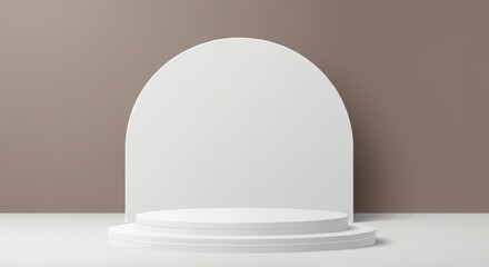 Minimalist white product display podium with arch backdrop for showcase design