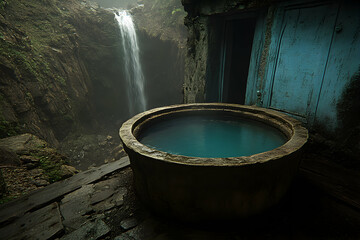 Fototapeta premium Serene waterfall view from rustic stone basin, teal water, ancient building, misty mountain backdrop.