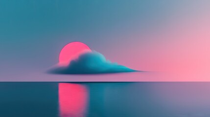 A vibrant neon pink sun reflecting in calm mirrored water