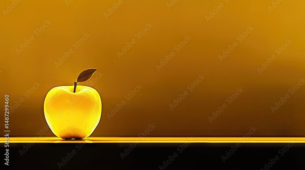 Poster a single illuminated apple resting on a horizontal surface