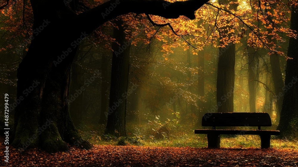Poster a bench rests under autumnal trees in a serene forest setting