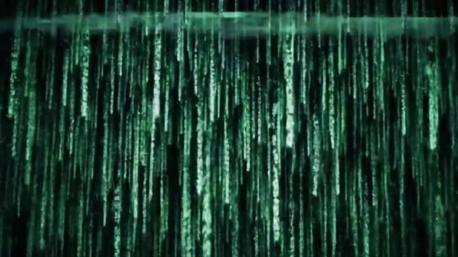 Digital rain pattern with green binary code effect in motion  