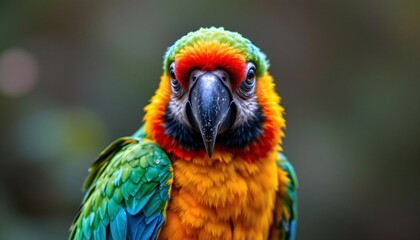 Fototapeta premium a close up of a colorful single macaw bird, detailed feathers, facing the camera, full body visible