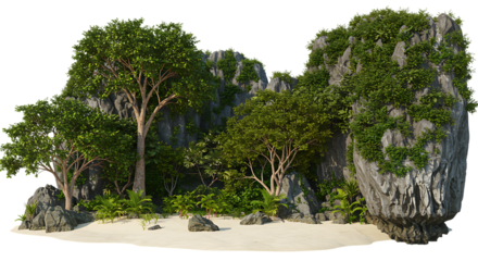 Exotic Coastal Island with Dense Forest and Limestone Rocks On Transparent Background



