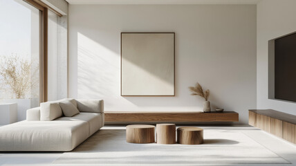 Fototapeta premium Modern Living Room Interior Design: Experience the epitome of minimalist sophistication with a sunlit modern living room, showcasing a neutral color palette, clean lines, and a focus on natural light.