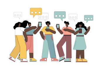 Group of people with smartphones. Men and women communicating while holding mobile phones in their hands.eps