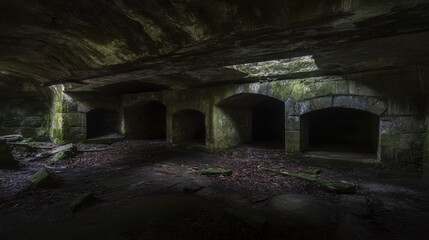 Dark Mysterious Stone Archway Cellar Old Ruins Ancient Building History wall moss grey eerie decay