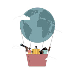 Hot air balloon travel. People fly in a balloon in the form of the planet Earth. Search for interesting places for tourism.eps