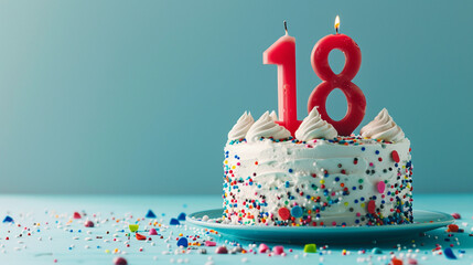 Coming of age party - 18th birthday. Delicious cake with number shaped candles on light blue background, Birthday Cake With Candle Number "18"