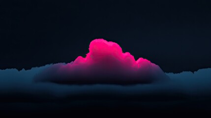 A vibrant pink cloud formation floats above a dark horizon