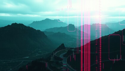 Futuristic mountain landscape with data overlay and magenta digital elements.