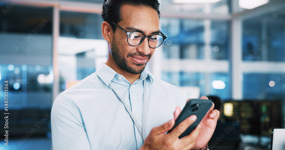 Poster Business, coding and man in office, smartphone and software developer with digital app testing. Person, employee and professional in workplace, cellphone and programmer with AI expert and info tech