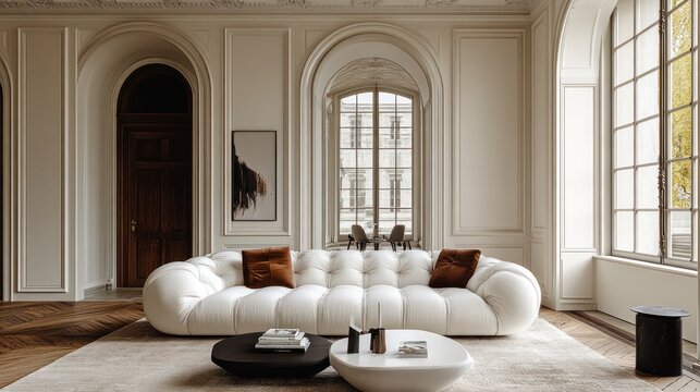 Elegant Living Room Interior Design: Luxurious White Sofa in a Classic Parisian Apartment
