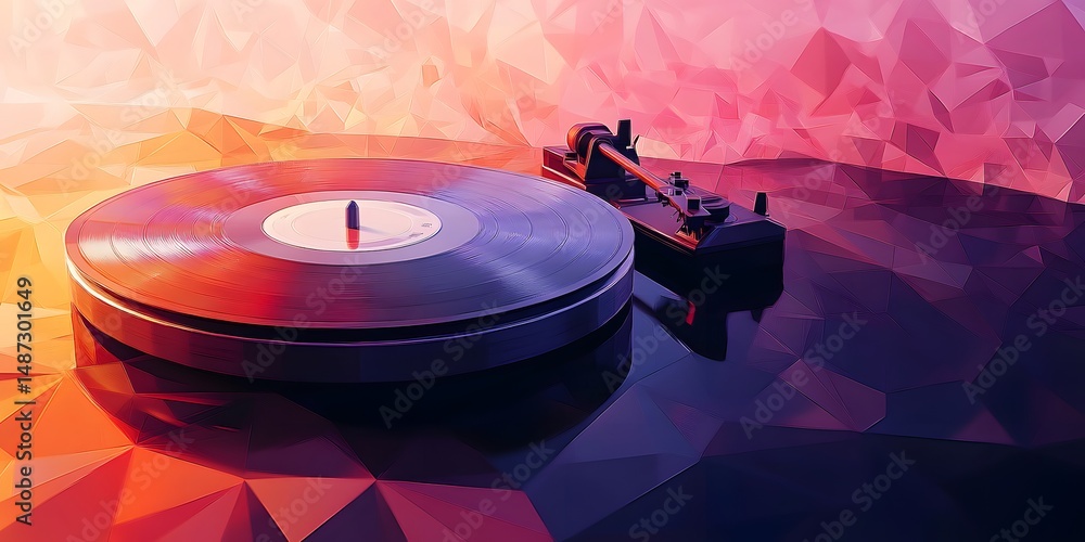 Poster colorful polygonal backdrop behind a record player.