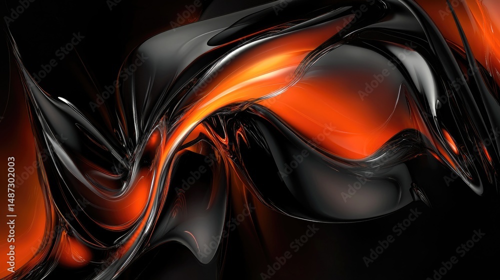 Fototapete abstract fluid forms of black and orange. dynamic, flowing shapes create a sense of movement and ene