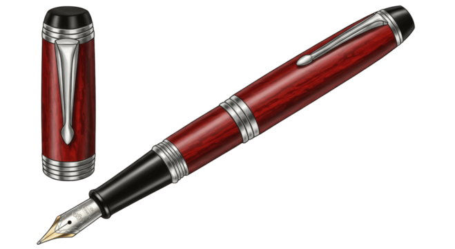 Elegant Red Wood and Silver Fountain Pen with Cap Off Isolated on Transparent PNG, pen, writing instrument, elegant, luxury, classic, vintage, red wood, wooden, 