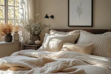 Scandinavian Bedroom with Striped Bedding and Soft Daylight