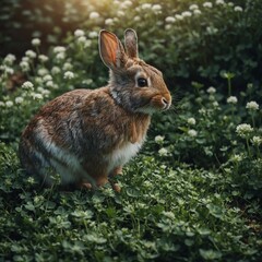 Fototapeta premium A rabbit in garden clover, clean style