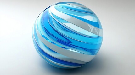 Blue Glass Sphere with White Spiral Stripes on White Background