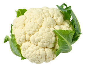 Fresh cauliflower head with green leaves isolated on transparent background