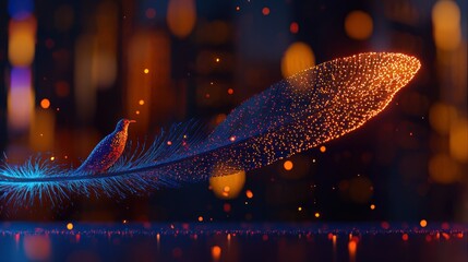 A small glowing bird perched elegantly upon a vibrant feather