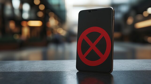Smartphone Displaying a Red Prohibition Symbol on Black Background Modern Technology Digital Device Screen Warning Sign Prohibited Access Restricted