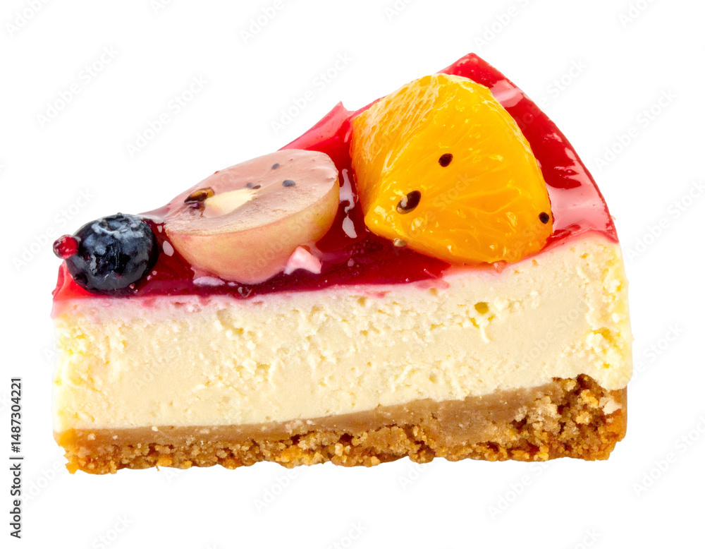 Poster slice of cheesecake with mixed berries and orange topping isolated on transparent background
