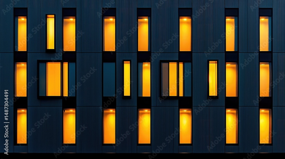 Poster illuminated rectangular windows on a dark building facade during the evening