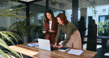 Professional female colleagues partners having conversation holding digital tablet using laptop at work. Two happy busy business women talking working together in green cozy office standing at desk