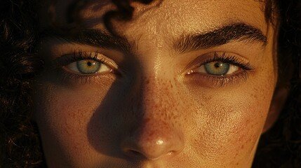 Fototapeta premium A close up portrait shows a person with beautiful green eyes