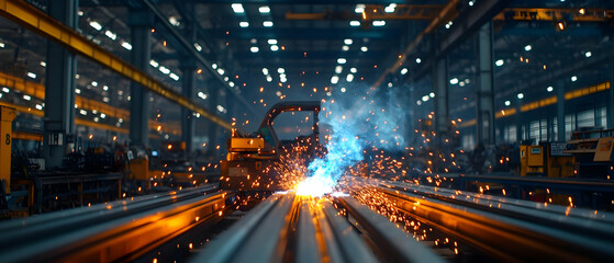 Obraz premium Factory Welding Scene With Sparks And Intense Lighting