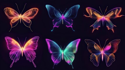 Luminous Flutter: A Vibrant Collection of Glowing Butterfly Illustrations on Dark Backdrop