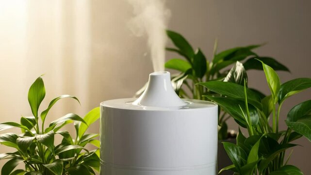 Humidifier releasing steam among indoor green plants