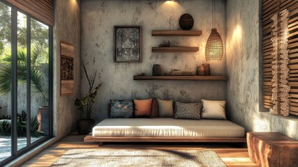 Living room with daybed, shelf, and textured wall accents