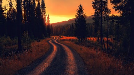 Obraz premium A winding forest road bathed in the warmth of sunset