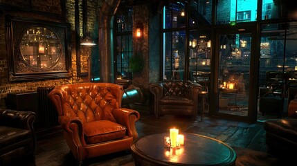 A cozy dimly lit interior featuring antique furniture and city views