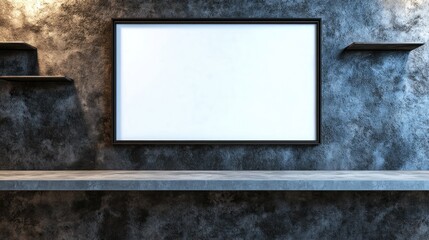 Empty framed picture on a dark shelf against a textured wall.