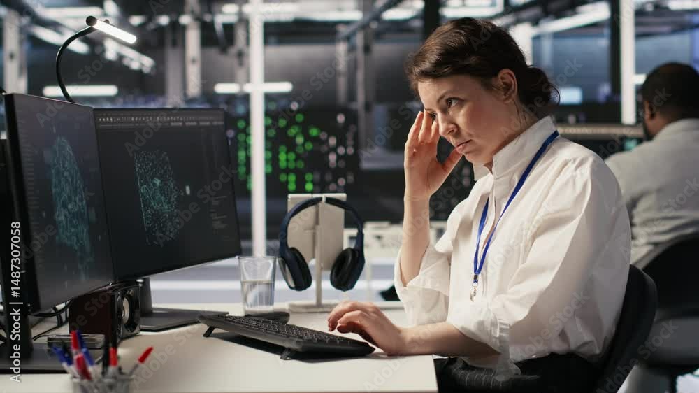 Poster data center developer thinking how to improve ai supercomputers, pleased with result. cheerful serve