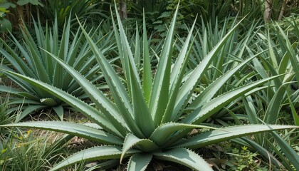 Fototapeta premium A view of several agave plants with sharp pointed leaves growing in a natural outdoor environment